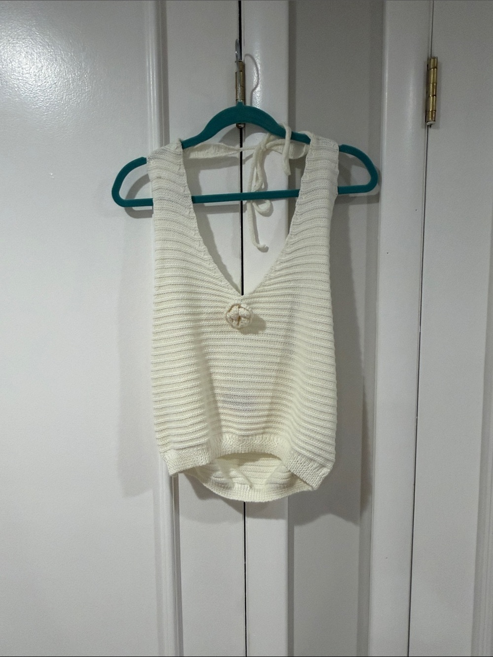 Edikted Cream Knit Halter V-Neck Tie-Back Camisole